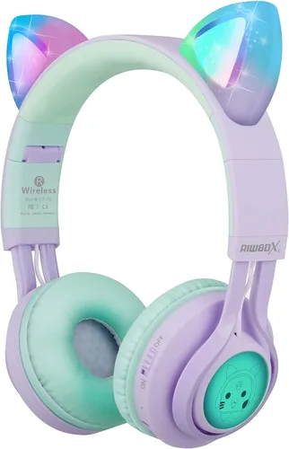 Vista 11 de Riwbox Kids Headphones, CT-7S Cat Ear Bluetooth Headphones with LED Light, 85dB Volume Limiting, Over Ear with Microphone for Laptop/PC/TV