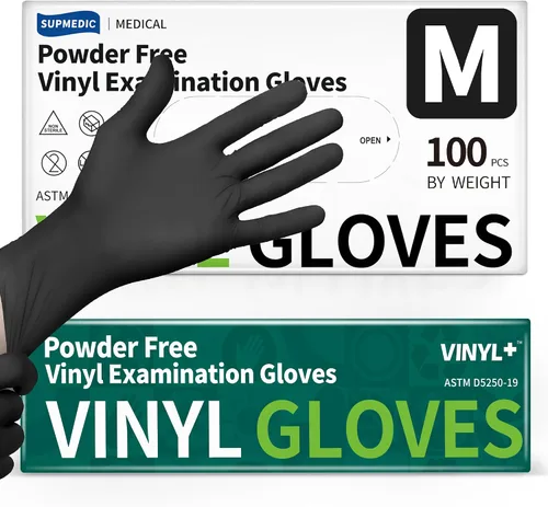 Vista 12 de Supmedic Vinyl Disposable Exam Gloves, Black 4Mil Powder-Free Latex-Free Medical Food Safe Cooking Cleaning Glove 100 &1000Ct