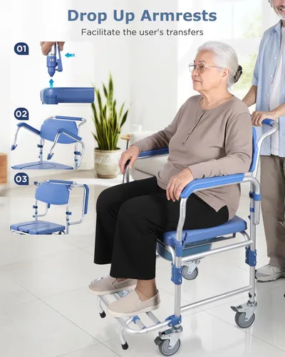 Vista 6 de Silla de ruedas con brazos caídos y ruedas bloqueables, silla de ducha de aluminio impermeable, capacidad de 330 libras, inodoros portátiles