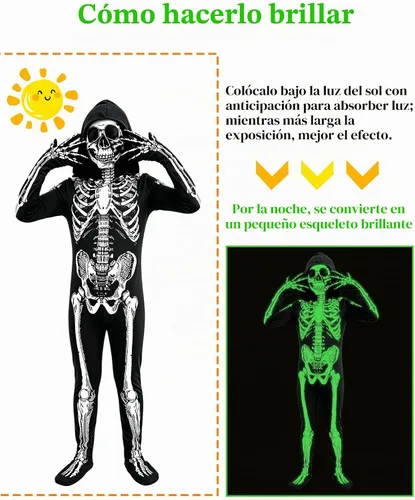 Vista 4 de BOMLY Disfraz de esqueleto para niños, disfraz de Halloween con capucha y Negro