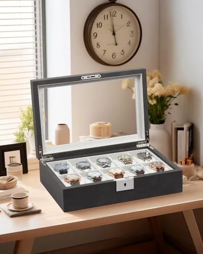 Vista 6 de GUKA Caja de 10 ranuras para reloj, vitrina organizadora de cristal real, con estuche de lujo para hombres y mujeres, regalo