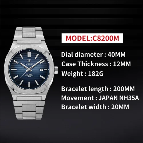 Vista 4 de CADISEN Los hombres del diseño relojes mecánicos automáticos 100M impermeable marca reloj de pulsera de lujo