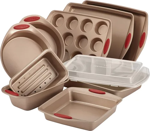Vista 7 de Rachael Ray Cucina - Juego de utensilios para hornear incluye bandeja antiadherente para hornear galletas y molde para magdalenas, 4 piezas, marrón