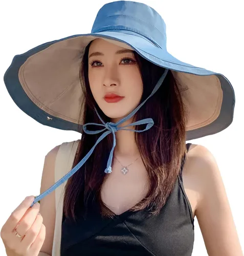 Vista 2 de Sombrero de sol de ala súper ancha para mujer, de algodón, plegable, reversible, con borde con cable, protección UV, verano, playa, viajes, jardín
