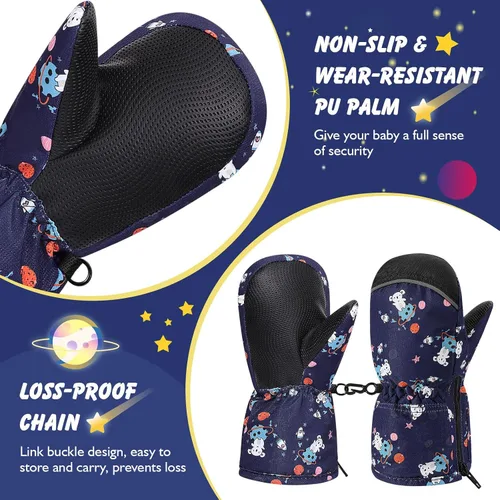 Vista 5 de MoKo Guantes de nieve para niños pequeños, antideslizantes, impermeables, con cremallera, de tela de terciopelo cálido, guantes de esquí para niños