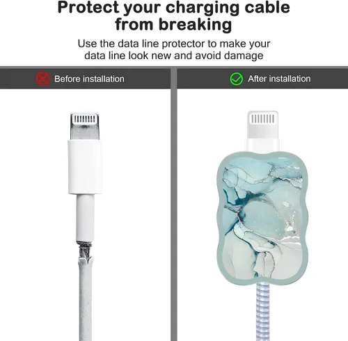 Vista 4 de Lindos protectores de cable para cargador de iPhone, diseño de mármol lujoso, cable de datos, cargador USB, línea de datos, protector de cable