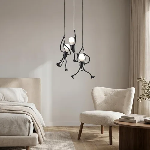 Vista 6 de Lámpara colgante de hombre colgante, accesorio humanoide oscilante, techo, lámpara industrial negra moderna de montaje de 3 luces, figura de palo