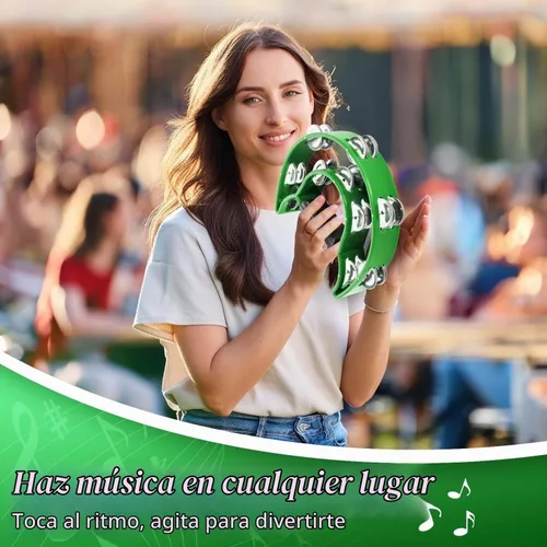 Vista 6 de Flexzion Pandereta Half Moon para adultos con jingles de doble fila, color Verde