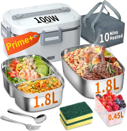 Vista 13 de Lonchera eléctrica térmica para adultos con 2 envases de 1.8L, interruptor de encendido/apagado de alimentación y 0.6L de doble capa, calentador
