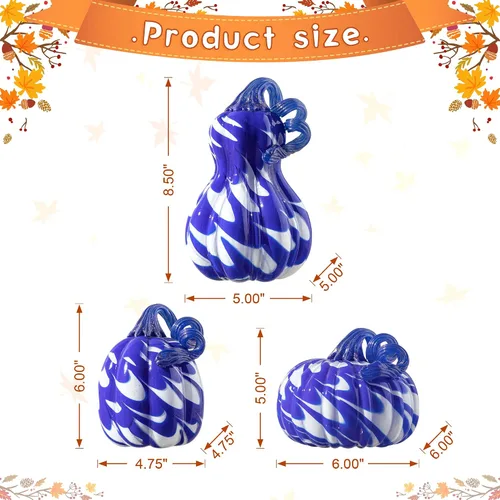 Vista 7 de Glitzhome Calabaza de cristal soplada a mano 3pcs Calabaza de cristal de otoño, azul/blanco