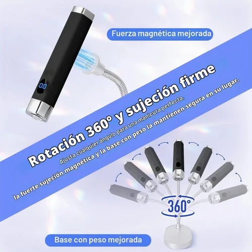 Vista 6 de Mini lámpara de uñas para uñas de gel con sensor de IA y soporte magnético Negro
