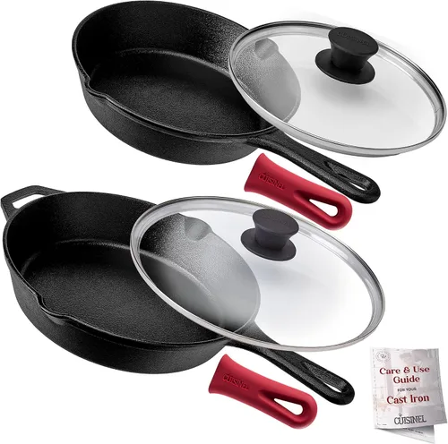 Vista 30 de Sartén de hierro fundido de Cuisinel con tapa - Sartén para freír pre-sazonada de 10" pulgadas + cubierta de vidrio + soporte para mango resistente