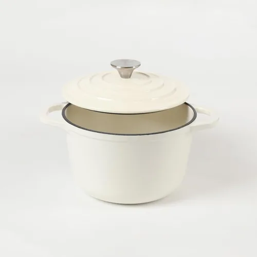 Vista 3 de HAWOK Mini horno holandés de hierro fundido esmaltado, 1.5 cuartos de galón, color blanco cremoso Blanco ostra