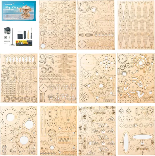 Vista 5 de Rompecabezas de madera 3D para adultos, kit de modelo de caja de música SkyCity, más de 600 piezas, diseño de paisaje urbano, desafiante artesanía