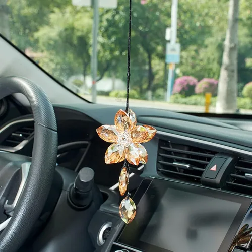 Vista 15 de Accesorio de pendiente decorativo, diseño de flor de cristal, para espejo retrovisor de vehículo, Azul