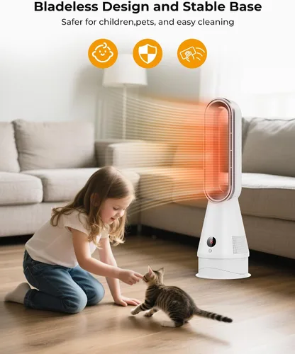 Vista 4 de Ventilador caliente y frío 2 en 1 sin aspas, calentador de espacio silencioso de 1600 W con control remoto, 8 velocidades, oscilación de 80°