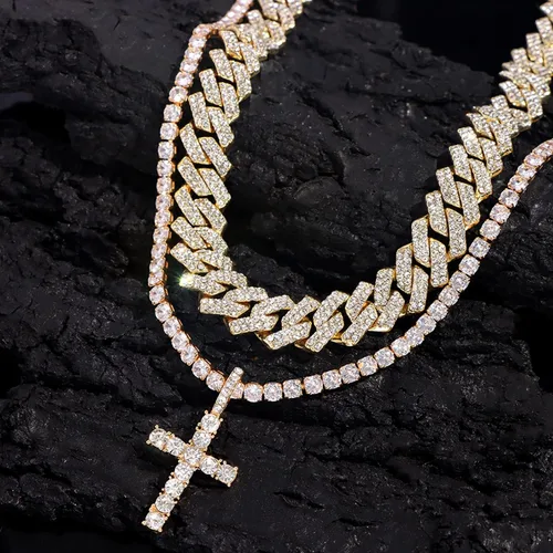 Vista 4 de Cadena de eslabones cubanos para hombres y mujeres, collar de cruz para hombres y mujeres, cadena helada, cadena de eslabones cubanos de Miami