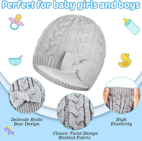 Vista 4 de 3 Pieces Fleece Lined Baby Beanie with Bow, Infant Newborn Toddler Kids Winter Warm Knit Cap for Boys Girls