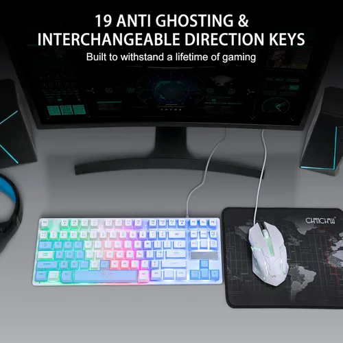 Vista 6 de CHONCHOW TKL - Teclado para juegos con cable de 87 teclas, retroiluminación LED arcoíris, teclado blanco y mouse 3200DPI Combo compatible con PC