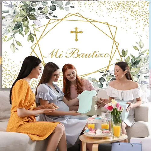 Vista 3 de Mi Bautizo - Telón de fondo para primera comunión para bautismo, recién nacido, baby shower, fondo dorado con purpurina, vegetación, eucalipto
