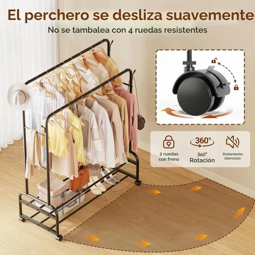 Vista 6 de TigerParty Perchero de doble barra para colgar ropa, perchero rodante con ruedas, estantes de ropa independientes con 2 estantes para dormitorio