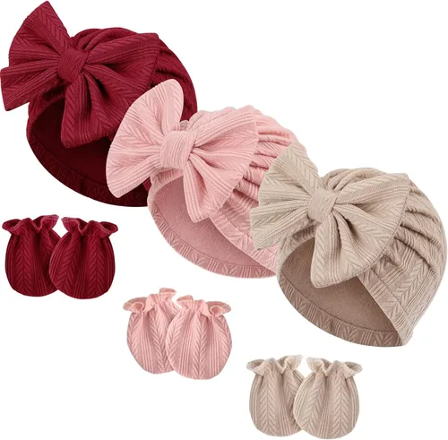 Vista 17 de BQUBO Gorros para Niñas Recién Nacidas Conjunto de Gorro y Manoplas para Bebé Gorros para Infantes con Moño Gorro de Hospital con Manoplas