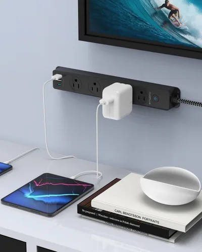 Vista 8 de AUOPLUS - Regleta protectora de sobretensiones con puertos USB C, cable de extensión trenzado de 5 pies, 5 salidas y 3 puertos USB (1 USB C)