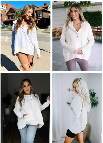Vista 4 de SHEWIN Sudadera de gran tamaño para mujer, casual, con botones, cuello en V, con bolsillo