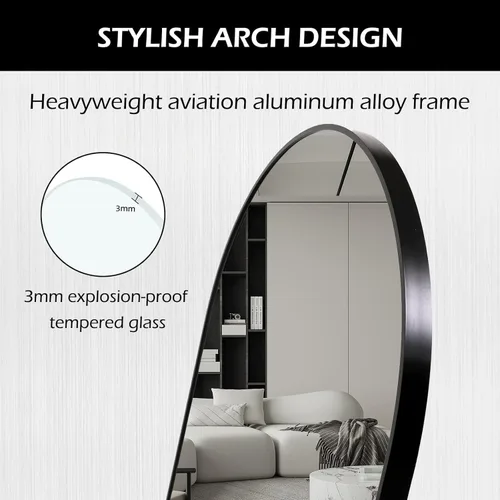 Vista 4 de ZHUNFA - Espejo de pie en forma de arco de longitud completa, espejo de piso ovalado de longitud completa, espejo de pared grande con arco superior