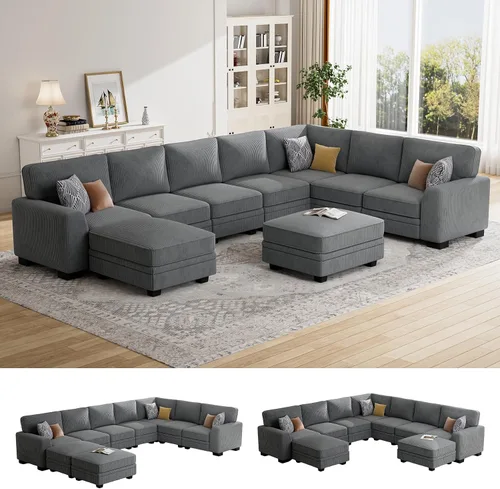 Vista 16 de Legend Vansen Sofá modular de gran tamaño, sofá reversible en forma de U con otomana, sofá de pana de asiento profundo para sala de estar, 6 plazas