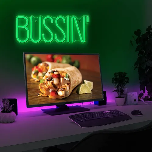 Vista 3 de Lumoonosity Letrero de neón Bussin - Luces de neón led de Meme Bussin para jugadores/streamers/influencers – Letras de neón verdes modernas