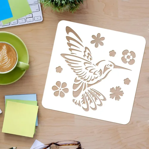 Vista 3 de FINGERINSPIRE Plantilla de decoración de colibrí de 11.8 x 11.8 pulgadas, plantilla de plástico para dibujar flores de pájaros, plantillas cuadradas