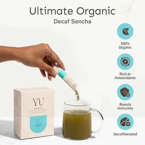 Vista 2 de Yu Tea Decaf Organic Sencha Green Tea Powder, 100 porciones, rico en antioxidantes, EGCG y L-teanina, hoja japonesa pura de la primera cosecha, sin