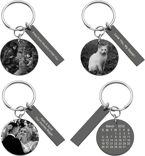 Vista 4 de PiercingJ Llavero personalizado con foto, calendario, fecha, texto y fecha, de acero inoxidable, colgante de etiqueta redonda, con imagen grabada