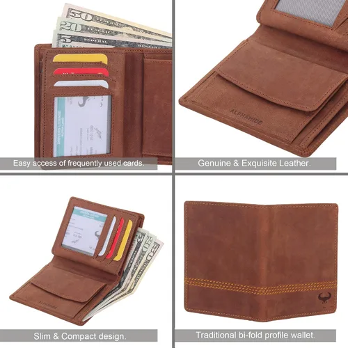 Vista 3 de AlphaHide - Cartera con bloqueo RFID para hombre diseño vertical de doble cara bolsillo para monedas 2 ventanas de identificación