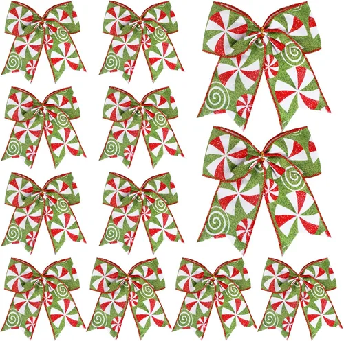 Vista 10 de DIYDEC 12 lazos ornamentales de Navidad de 6.3 pulgadas, lazos grandes para corona de Navidad, rojo y verde, lazos para árbol de Navidad con puntos