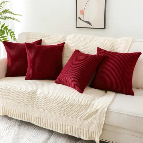 Vista 3 de OTOSTAR Juego de 4 fundas de almohada decorativas de pana suave a rayas color burdeos de 18 x 18 pulgadas, fundas de almohada cuadradas para sofá