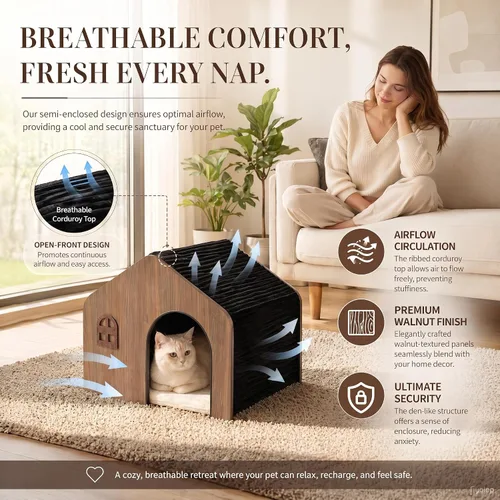Vista 3 de Moderna casa de madera para gatos para interiores, cama tipo cueva cerrada de grado E0 con cojín lavable, muebles ecológicos no tóxicos