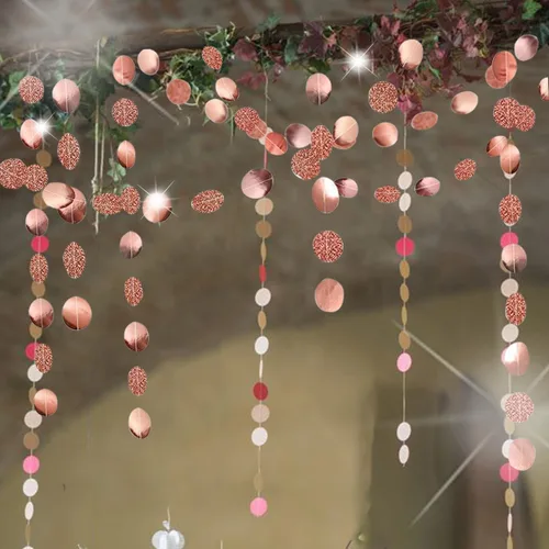 Vista 5 de Decoraciones de fiesta con purpurina de oro rosa colgante, serpentina circular, puntos, guirnalda de puntos de papel, banderines, banderines, telón