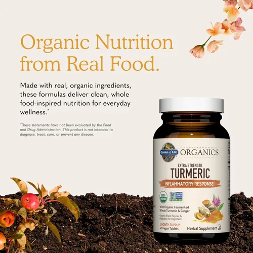 Vista 6 de Garden of Life Organics 60 tabletas para respuesta inflamatoria de cúrcuma extrafuerte 100mg de curcumina (95% curcuminoides)/pimienta