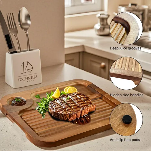 Vista 3 de Platos de bistec de madera de acacia, tabla de cortar carnívora para comer, plato de carne tallado de madera, bandeja para servir alimentos, tabla