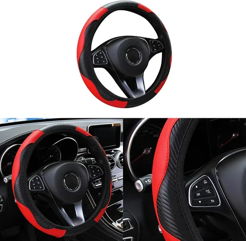 Vista 8 de Funda de volante de coche, 38 cm, de fibra de carbono, de microfibra, de PU, de cuero elástico, protector de volante antideslizante y transpirable