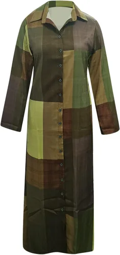 Vista 5 de Vestido largo casual de mezclilla con botones para mujer, con solapa, manga larga, con bolsillos, para otoño