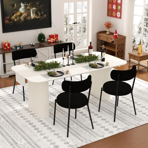 Vista 21 de Juego de mesa de comedor ovalada negra moderna de 70.9 pulgadas para 4, mesa de cocina rectangular estilo crema con sillas negras Boucle, juego