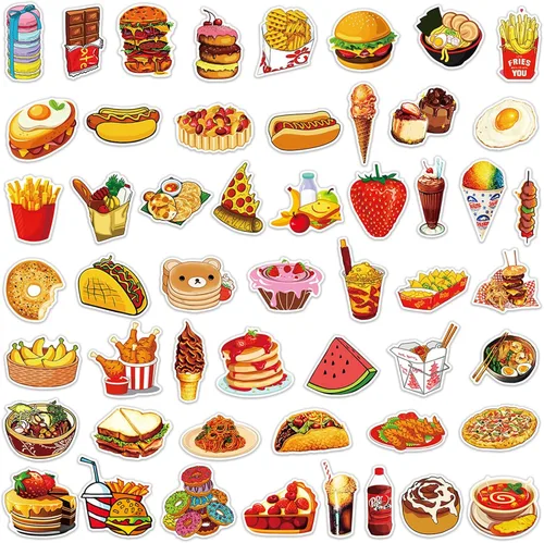 Vista 2 de Calcomanías de comida, 50 unidades, lindas calcomanías de comida rápida, chips de hamburguesa, deliciosas calcomanías estéticas impermeables