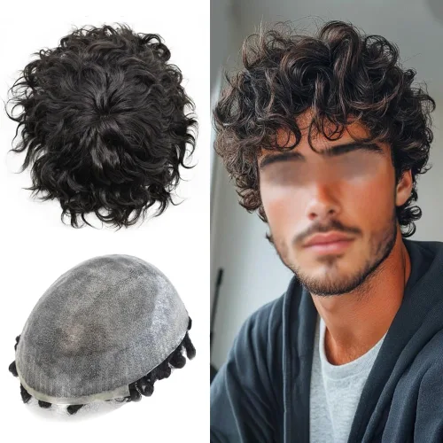 Vista 7 de Afro Toupee para hombres negros unidad de cabello humano para hombres negros postizo PU Ingección Afro Mens Toupee 4MM onda #1 negro azabache