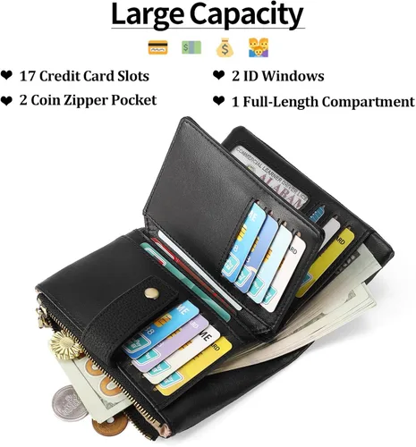 Vista 2 de SENDEFN Cartera pequeña para mujeres de cuero con bloqueo RFID, cartera de muñeca, tarjetero con doble cremallera, monedero, cartera bifold
