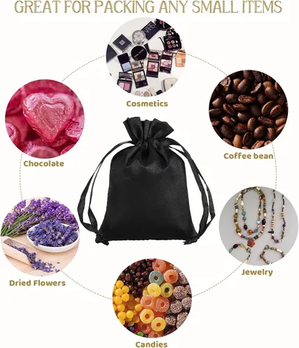 Vista 3 de Bolsas de regalo pequeñas de satén negro, 30 unidades de 3 x 4 con cordón, para aula de niños, boda, cumpleaños, graduación, recuerdos de fiesta
