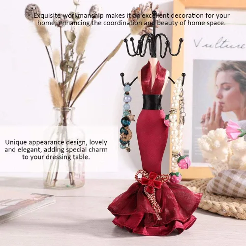 Vista 8 de Soporte de joyería, 4 piezas con colgante, collar, aretes, pulsera, anillo, zapatos, vestido, joyería, modelo, soporte de exhibición (rojo vino)