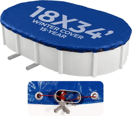 Vista 9 de Cubierta oval de invierno para piscina sobre suelo, Azul Royal Polietileno laminado de 14 x 14, ojales de metal cada 2 pies, parte inferior negra